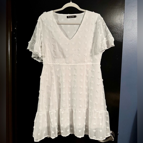 Swiss Dot Dress V-Neck Ruffle Short Sleeve Summer Casual Flowy Shift Mini Dress - Picture 2 of 5